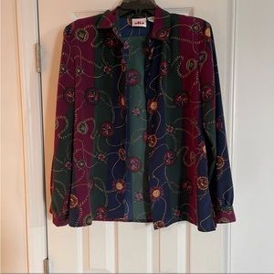 Vintage 90’S Color Striped Gold Chain Retro Funky 100 % Polyester Button Up Top